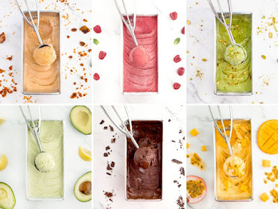 Source: Momolato. Collage of six Momolato gelato flavours including chocolate, mango, avocado, pistachio and raspberry-based flavours.