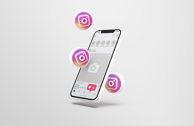Instagram on white mobile phone mockup with 3d icons
