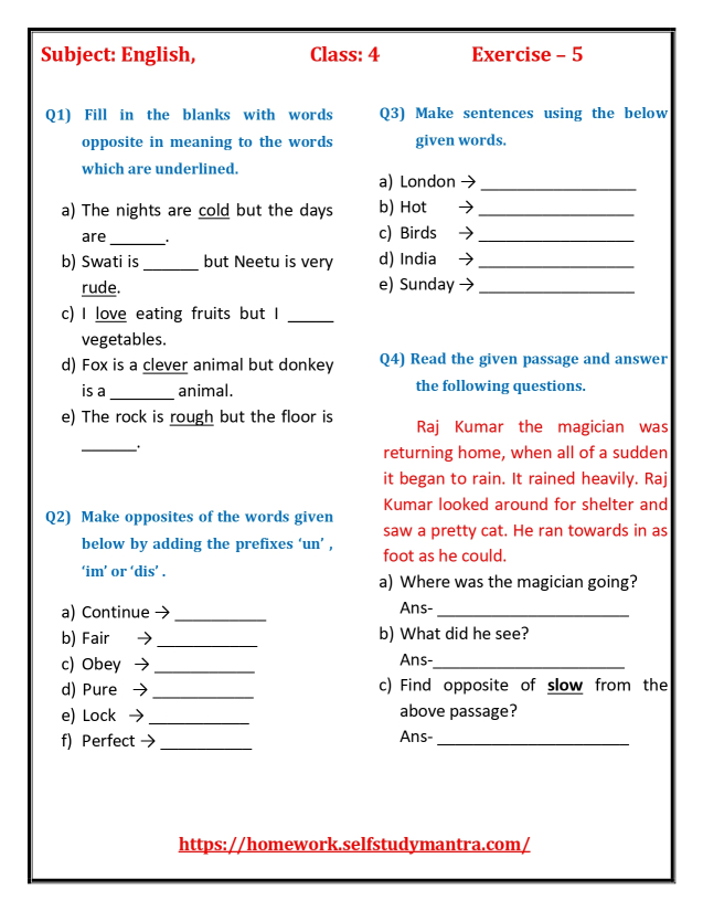 English Worksheet 5 | English Worksheet for Grade 4