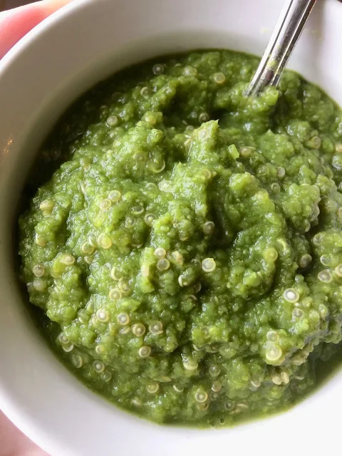 Homemade green baby food with quinoa.