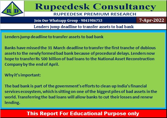 Lenders jump deadline to transfer assets to bad bank - Rupeedesk Reports - 07.04.2022