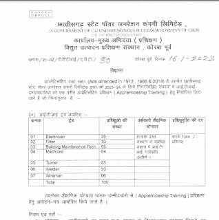 CHHATTISGARH BIJLI VIBHAG ITI PASS VACANCY 2023 | छत्तीसगढ़ बिजली विभाग में आईटीआई पास के 105 पदों की वेकेंसी