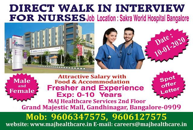 DIRECT WALK IN INTERVIEW  FOR NURSES  TO SAKRA WORLD HOSPITAL, BANGALORE