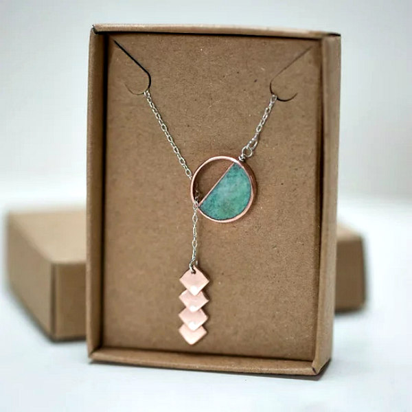 copper and paper slip necklace with fine silver chain displayed in kraft cardboard box