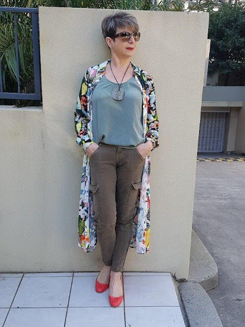 Green cargo pants-green sleeveless top-red shoes-floral-shirt-dress