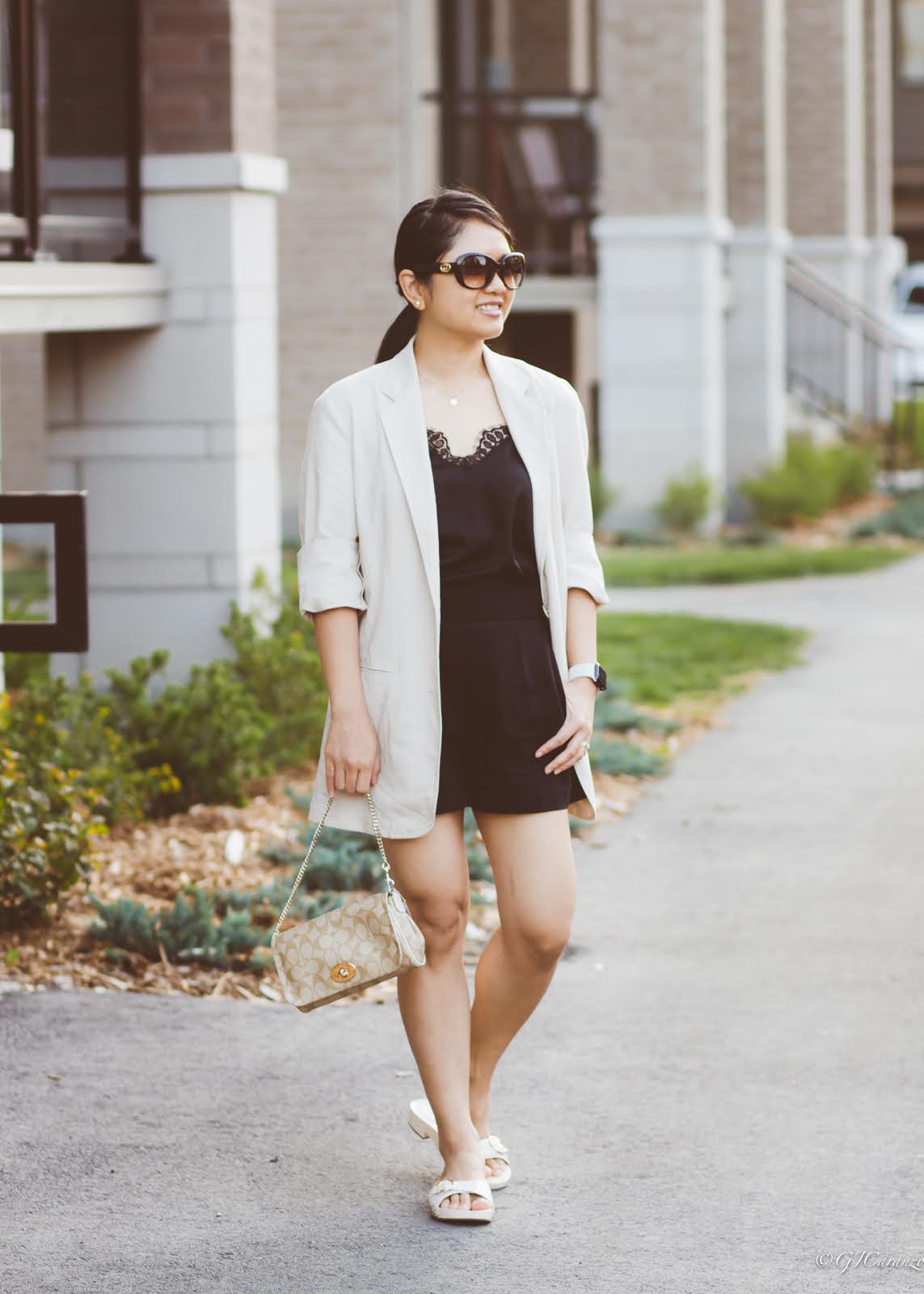 Uniqlo Linen blend Blazer | H&M Satin Camisole Top | Zara High Waisted Shorts | Coach Bleeker Sandals | Gucci Sunglasses | Coach Bag | Petite Fashion