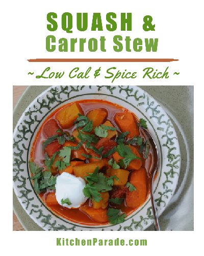 Squash & Carrot Stew ♥ KitchenParade.com, a low-calorie spice-rich vegetable stew with butternut squash and carrots. Two versions, one for the stovetop, another for a slow cooker. Vegan. Weight Watchers Friendly. Gluten Free.