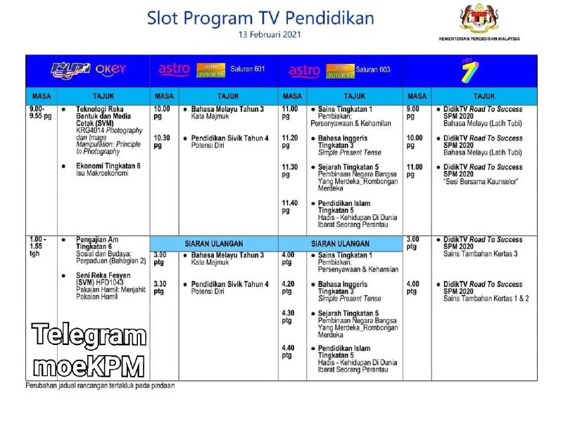 Jadual Slot Program TV Pendidikan 13 Februari 2021