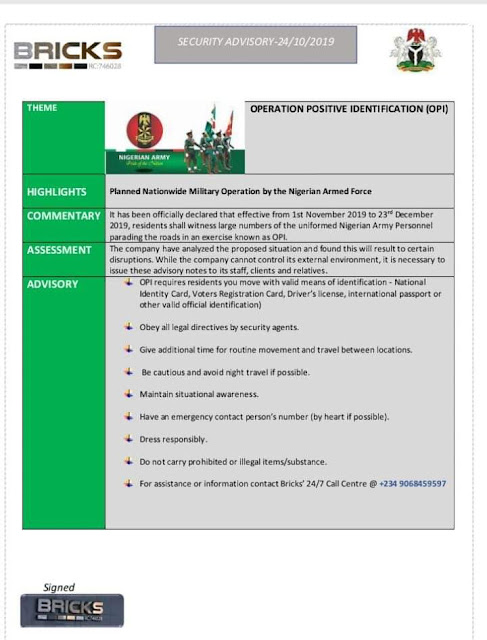 Nationwide Military Operation To Commence November 1, 2019 By The Nigerian Army, Tagged "Operation Positive Identification” (OPI).