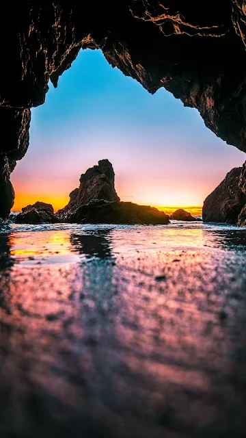 Nature, Cave, Twilight, Stones, Sea, Sunset