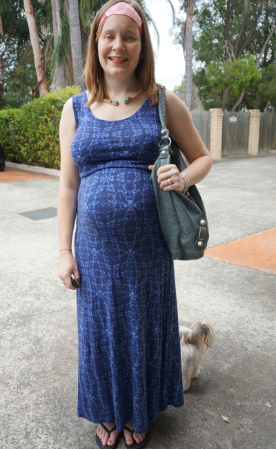 Away From Blue | Second Trimester Style Blue printed maxi dress Hermes Twilly hair