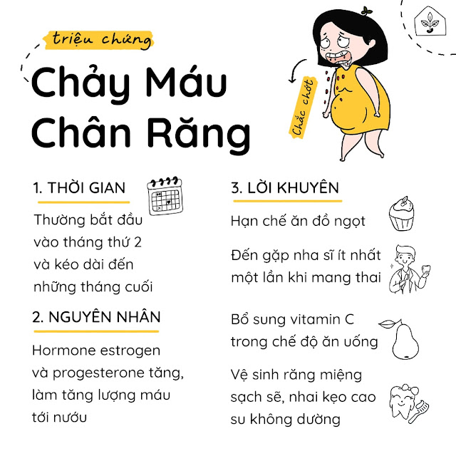 Chảy Máu Chân Răng Khi Mang Thai: Nguyên Nhân Và Cách Chữa Trị Khi mang thai, nướu của mẹ có thể bị đau, sưng đỏ, nhạy cảm và dễ bị chảy máu. Đặc biệt là khi đánh răng hoặc dùng chỉ nha khoa. Đây là một triệu chứng hoàn toàn bình thường mà mẹ bầu sẽ gặp phải thường xuyên khi mang thai.  Nguyên nhân chính của vấn đề này là do nội tiết tố tăng dẫn đến sưng nướu răng, khiến miệng dễ bị vi khuẩn và mảng bám hơn. Nếu không được điều trị đúng cách, nó có thể khiến mẹ bị sâu răng và viêm nướu. Mẹ bầu nên chú ý chăm sóc sức khỏe răng miệng  Mẹ nên cố gắng đến gặp nha sĩ ít nhất 1 lần trong quá trình mang thai để kiểm tra và làm sạch răng. Tuy nhiên, Mẹ nên nói trước với nha sĩ hoặc kỹ thuật viên rằng mình đang mang thai để được điều trị thích hợp mà không sử dụng tia X-quang hay gây mê.Bên cạnh đó, mẹ nên áp dụng nguyên tắc: đánh răng hai lần một ngày trong hai phút và dùng chỉ nha khoa thường xuyên. Bổ sung vitamin C trong chế độ ăn uống, hạn chế đồ ngọt hoặc nhai kẹo cao su không đường cũng là một giải pháp hữu hiệu giúp mẹ hạn chế tình trạng chảy máu chân răng.