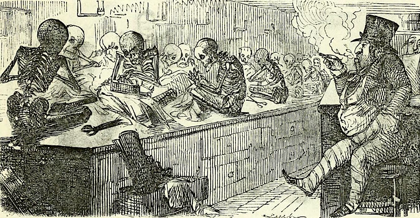 Punch magazine cartoon of a slop clothing sweatshop, 1845