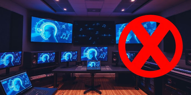 Music studio with AI deepfake screens crossed out.
