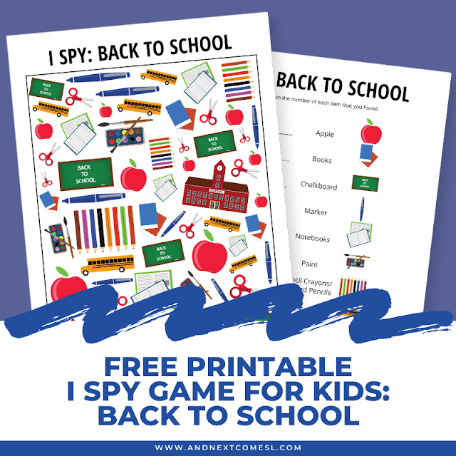 Free printable back to school themed I spy game for kids