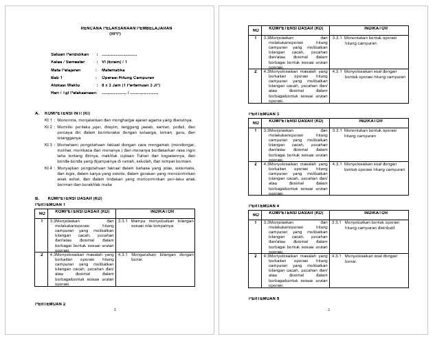 Rpp Matematika Kelas 6 Revisi 2018 Gatra Guru