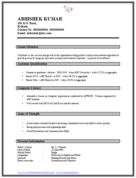 1 Page Resume Format For Freshers