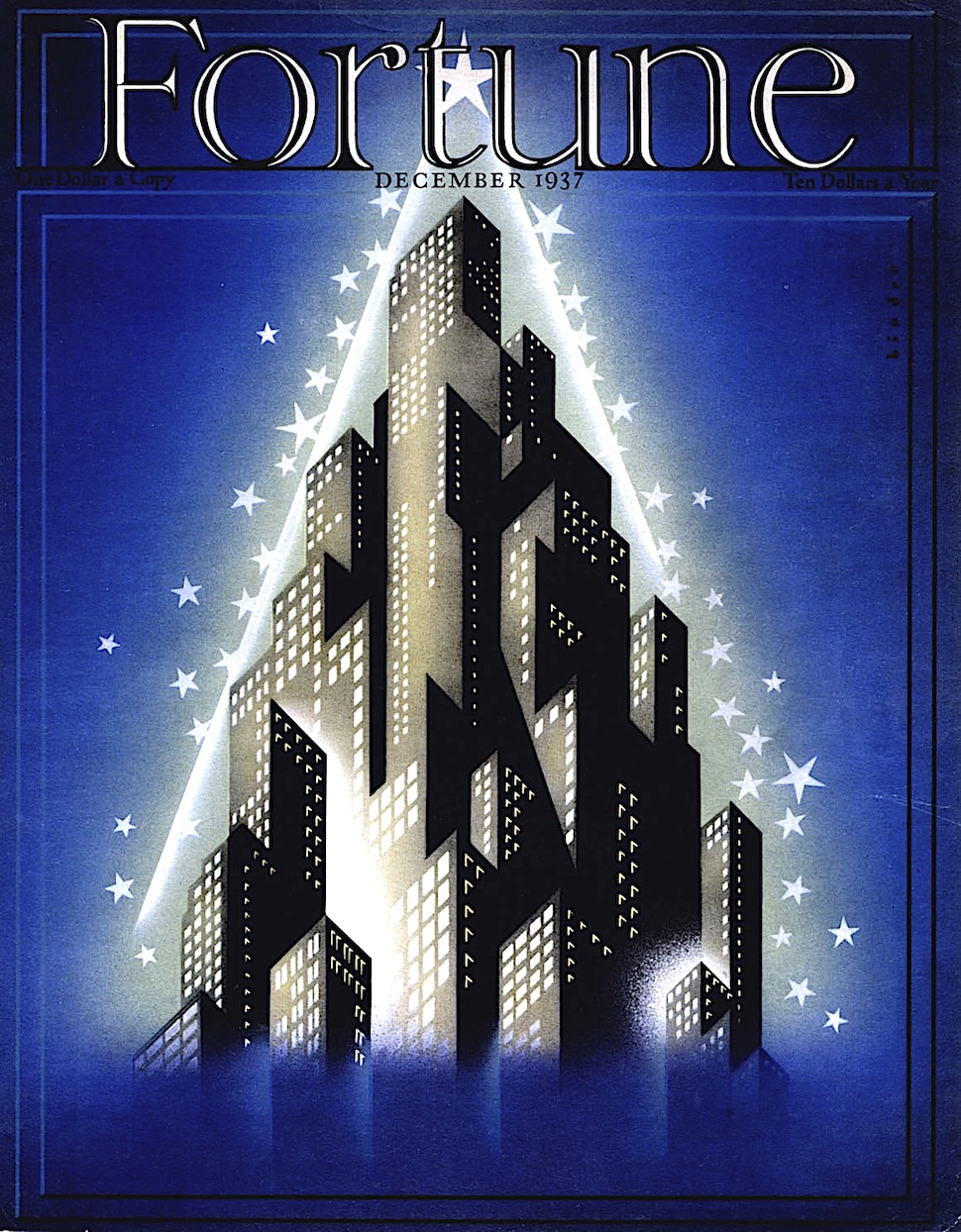 a Joseph Binder 1937 illustration of a city skyline at nightwith stars for Fortune Magazine December 1937