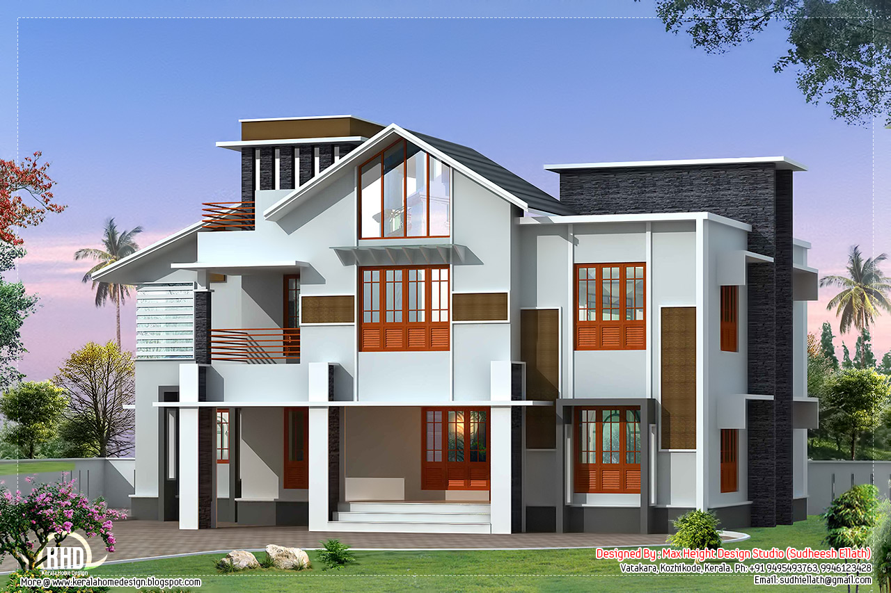 Beautiful 2500 sq.feet sloping roof villa ~ Kerala House Design Idea - sloping roof villa. Facilities and Sq. ft. details