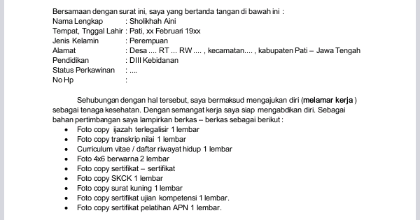 Contoh Penulisan Surat Lamaran Pekerjaan Untuk Bidan 