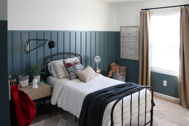 A modern take on red, white, and blue- check out this classic  modern boys room makeover!