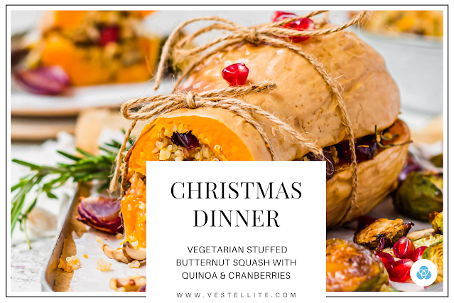 Christmas food ideas, Christmas recipes, Christmas dinner ideas, Christmas dinner recipe, Christmas feast, christmas eve dinner ideas, food recipes, dinner recipes,  Vegetarian Stuffed Butternut Squash with Quinoa and Cranberries