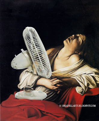 fotomontaggi satirici di dipinti famosi- Caravaggio-Maria Maddalena in estasi con ventilatore