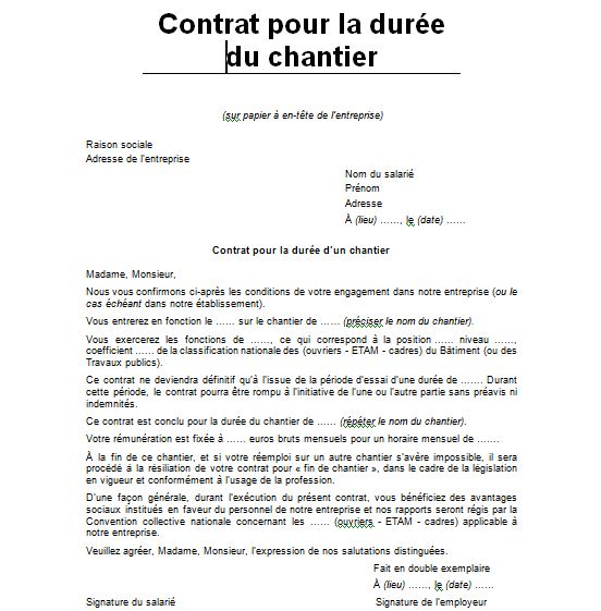Modèle contrat de travail cdd batiment gratuit