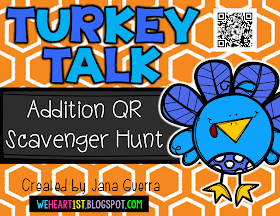 http://www.teacherspayteachers.com/Product/Turkey-Talk-Addition-QR-Scavenger-Hunt-1545693