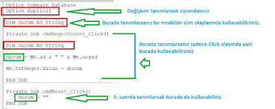 Dim deyimi değişken tanımlama