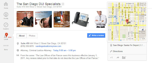 Google Plus Local page for San Diego DUI lawyer