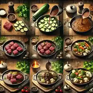 A step-by-step visual guide to making keto beef stew, featuring images of seared beef chunks, chopped zucchini and cauliflower, broth being poured into a cast iron pot, and the final dish garnished with fresh parsley. The rustic kitchen setting includes fresh ingredients and warm lighting.