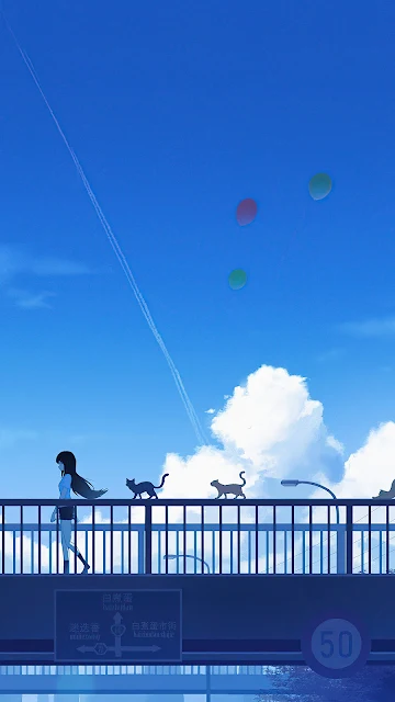 Anime School Girl, Bridge, Cats, Blue Sky