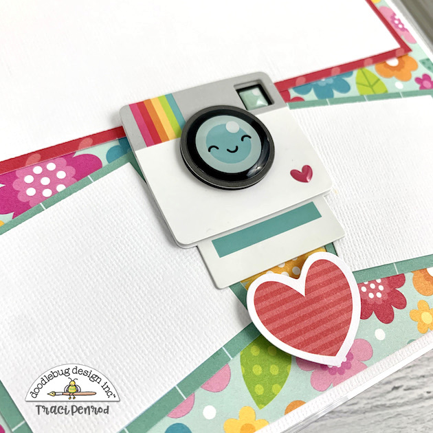 8x8 Crafty Scrapbook Page with a cute Polaroid camera, a heart, and colorful flowers