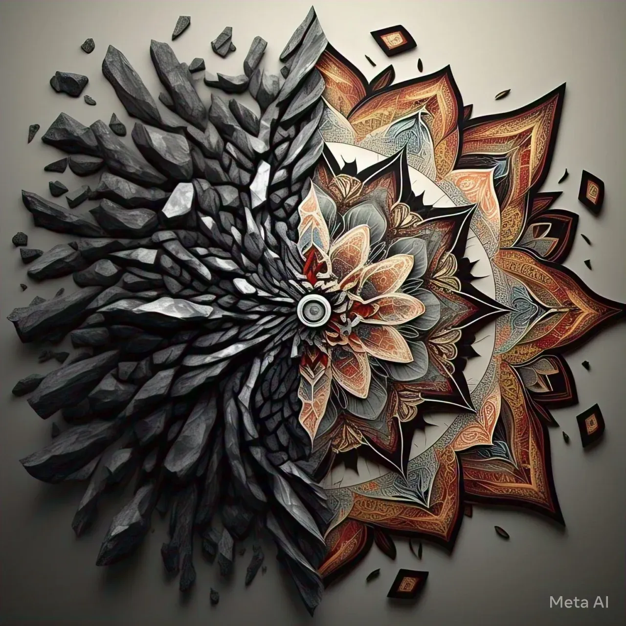 From Darkness to Light: Art Therapy Transformations" Description: Before/after split-screen artwork – dark fragmented pieces transforming into vibrant whole mandalas, representing healing transformations.