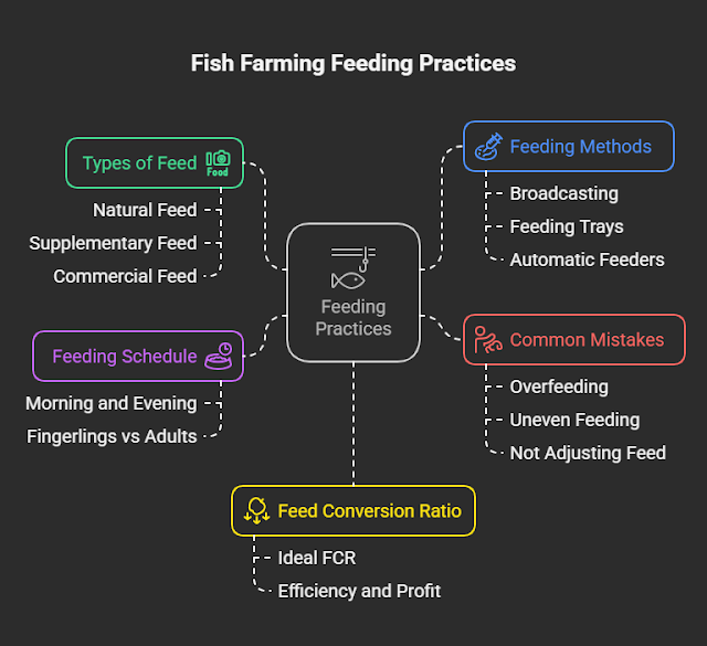 Infographic showing feeding quantity and timing for fingerlings and adult fish"