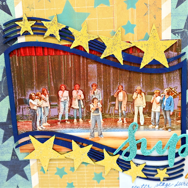 A Capella Performance Mixed Media Scrapbook Layout with Chipboard Star Photo Frame and Stenciled, Stamped and Mirrored Acrylic Stars