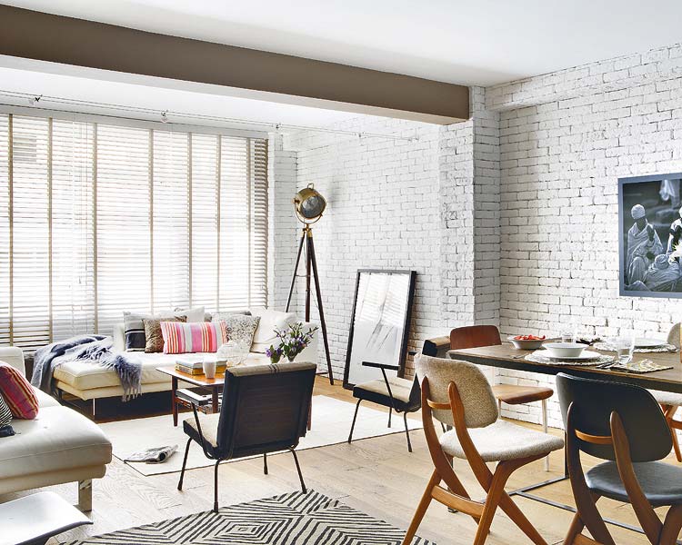 Living Room Painted White Brick Wall