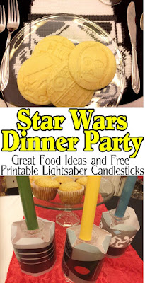 Enjoy a delicious dinner before going to see the new Star Wars movie while enjoying a fun Star Wars dinner party with your family and friends.  With these great party food ideas, party decorations, and awesome Light saber candlesticks, you will be on the winning side no matter what happens on screen. #starwars #familydinner #starwarsdinner #starwarsparty #tablescape #diypartymomblog