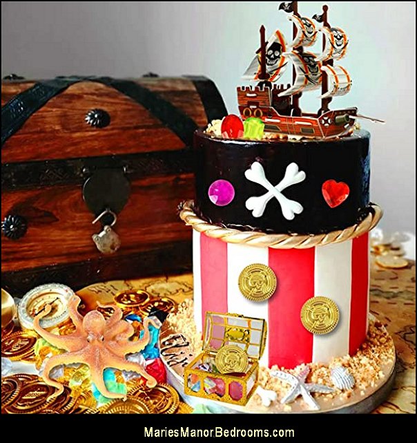 Pirate Theme Cake Topper Sail Ship Cake Topper Pirate Gold Coins Gems Treasure Chest decorations