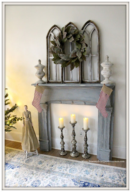 French Country Farmhouse Christmas Bedroom-Gray-Vintage-Fireplace Mantel-Ticking Stripe Christmas Stockings-From My Front Porch To Yours