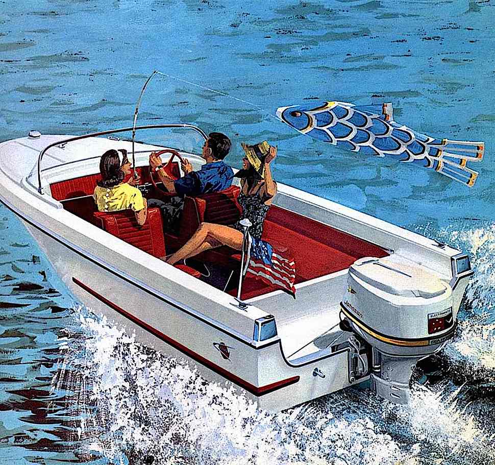 a 1963 powerboat illustration in color, with a traditrional Japanese kite