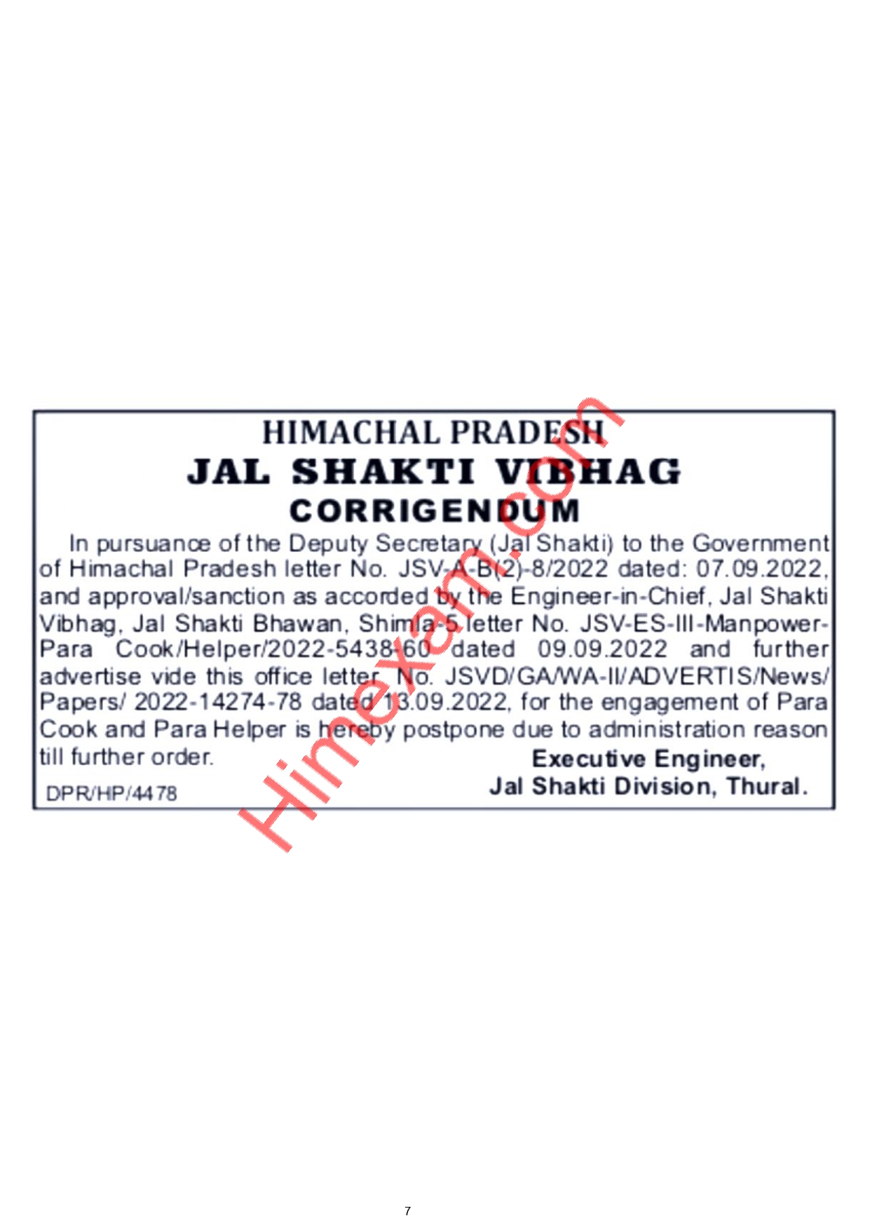 Important Notice For The Post of Para Cook & Para Helper :- Jal Shakti Division Thural