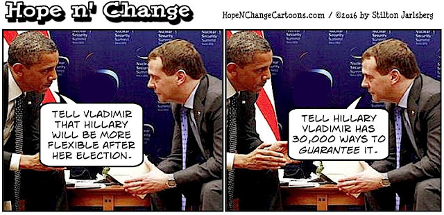 obama, obama jokes, political, humor, cartoon, conservative, hope n' change, hope and change, stilton jarlsberg, hillary, vladimir, more flexible, election, russia, emails, scandal