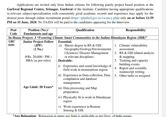 JUNIOR PROJECT FELLOW RECRUITMENT OUT AT GB PANT INSTITUTE 