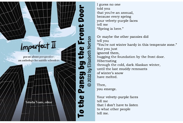 Book Cover: Imperfect II - poems about perspective: an anthology for middle schoolers. Poem: To the Pansy by the Front Door © 2002 by Elisabeth Norton I guess no one  told you  that you’re an annual, because every spring  your velvety-purple faces tell me “Spring is here.” Or maybe the other pansies did  tell you “You’re not winter hardy in this temperate zone.” But you just ignored them,  hugging the foundation by the front door. Hibernating  through the cold, dark Alaskan winter, until the last muddy remnants  of winter’s snow  have melted.  Then, you emerge.  Your velvety-purple faces tell me that I don’t have to listen  to what other people  tell me.