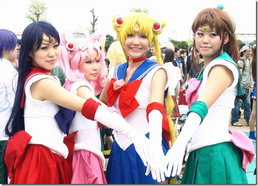 sailor moon s cosplay - sailor mars, sailor chibi moon, sailor moon, and sailor jupiter from comiket 2010