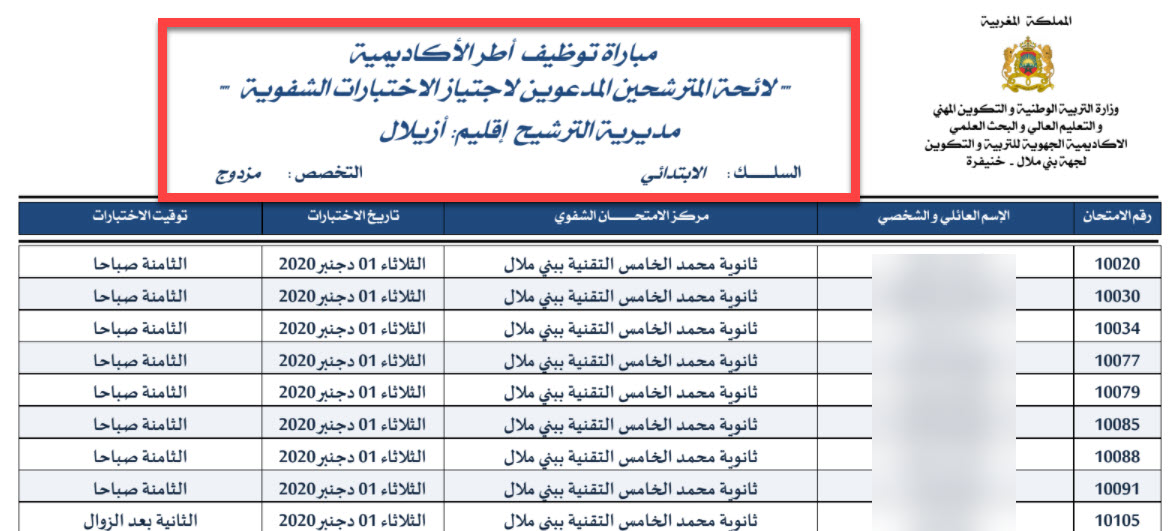 لوائح  الناجحين في الكتابي بمباراة التعليم ابتدائي وثانوي مديرية أزيلال 2020