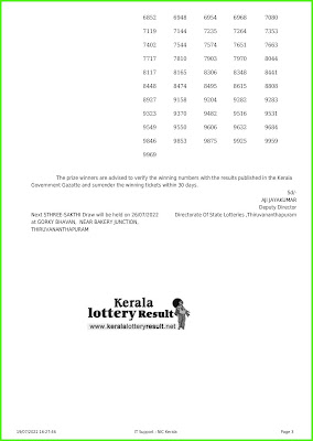 Kerala Lottery Results 19.07.2022 Sthree Sakthi SS-322 Lottery Result Online