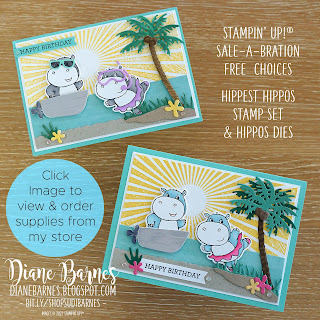 Handmade beach themed hippos birthday card made with Stampin Up Saleabration Hippest Hippos and Hippos dies, Rays of Light stamp, Palms dies. Card by Di Barnes - Independent Demonstrator in Sydney Australia - Saleabration 2022 - annual catalogue 2022-2023 - stampinupcards - colourmehappy